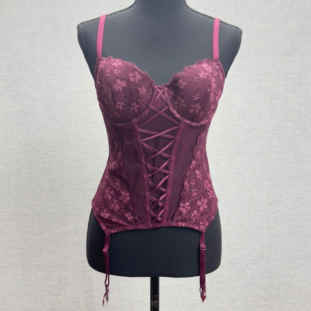 Victoria's Secret Corset Bustier Lace-Up Boned Garter Burgundy Size L‎ READ